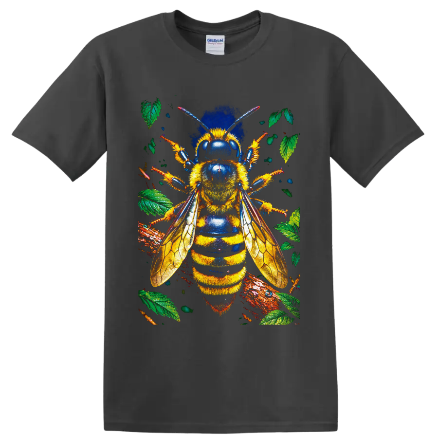 Detailed bumblebee with golden wings, blue accents, leaves, and branches on a Charcoal T Shirt