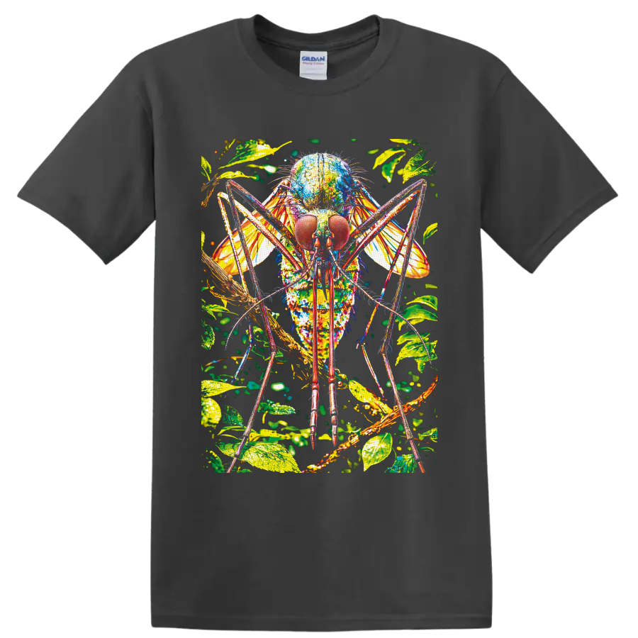 Colorful close-up mosquito illustration with tropical leaves, wings, and branches on a Charcoal T Shirt