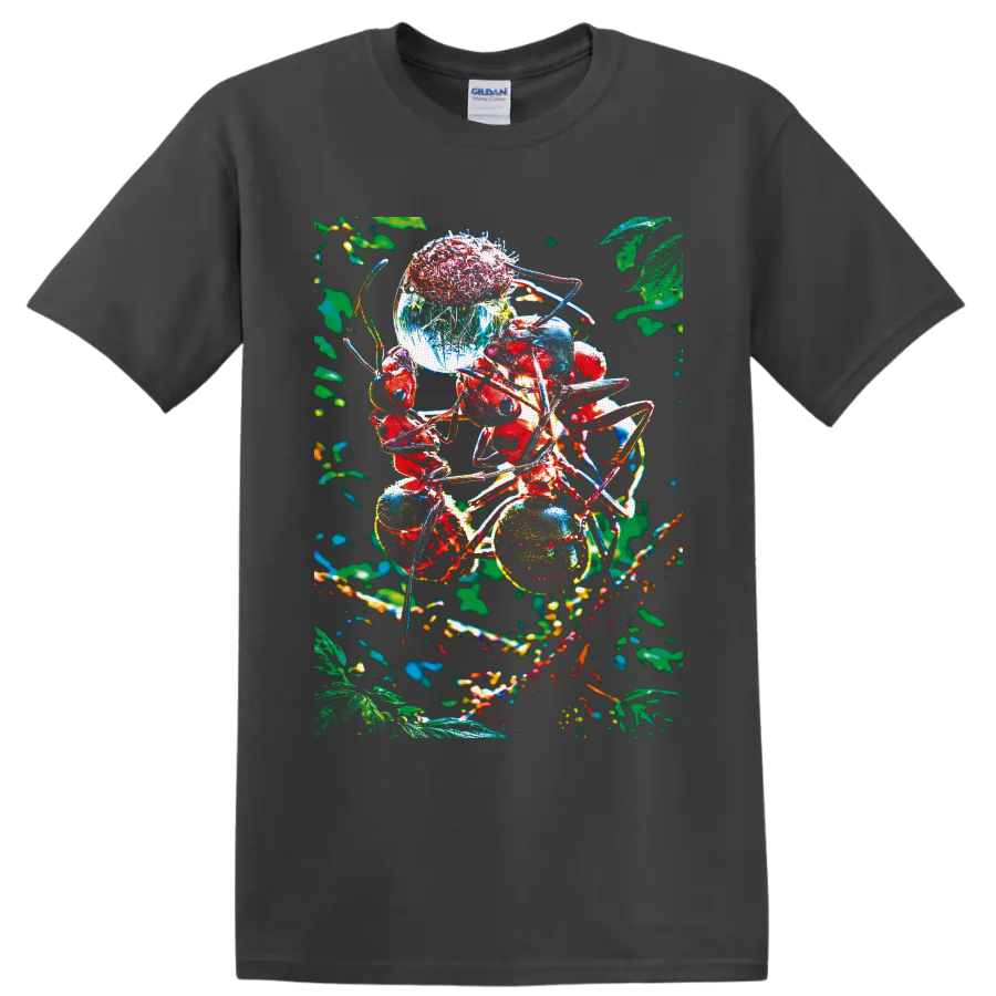 Colorful red ants among berries and leaves in surreal macro forest art on a Charcoal T Shirt