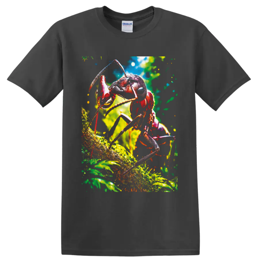 Colorful macro ant climbing on a mossy branch in a sunlit forest on a Charcoal T Shirt