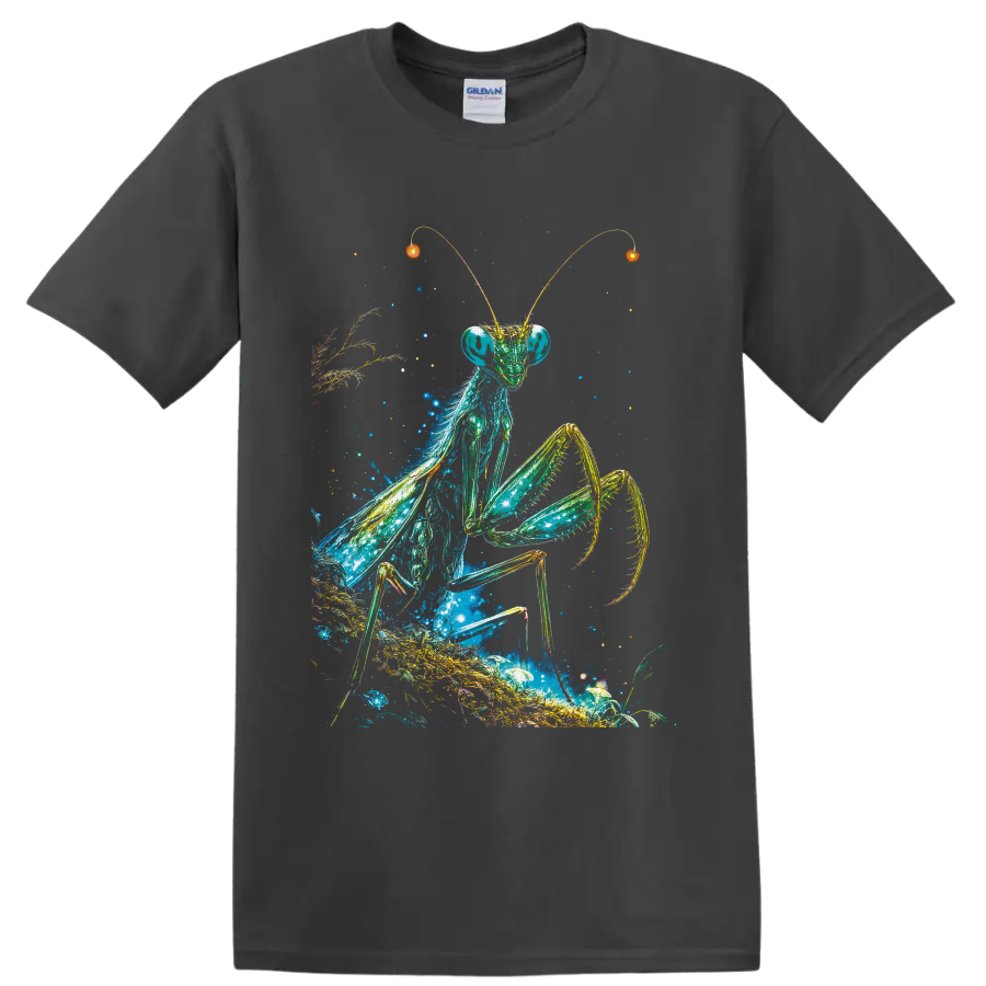 Cosmic praying mantis illustration with stars, glowing plants, mushrooms, and golden on a Charcoal T Shirt