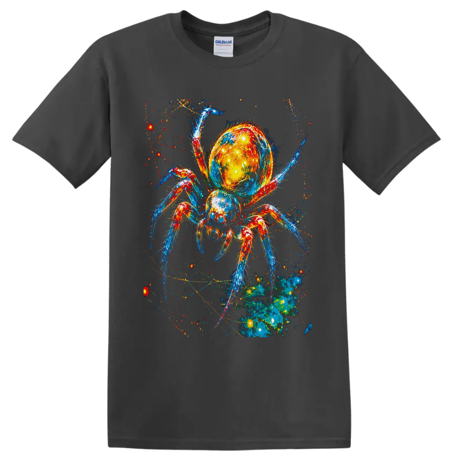 Neon cosmic spider with glowing galaxy abdomen, colorful legs, and web-like sparks on a Charcoal T Shirt