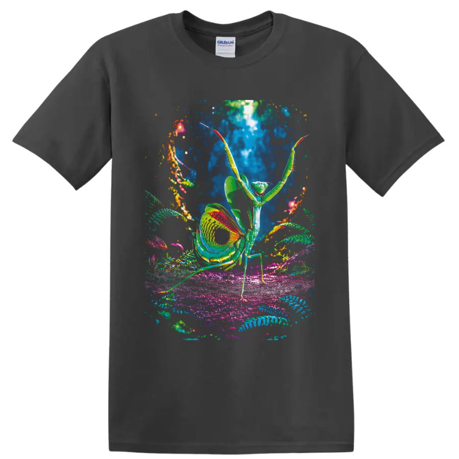Psychedelic praying mantis amid glowing ferns, mushrooms, and colorful forest plants on a Charcoal T Shirt