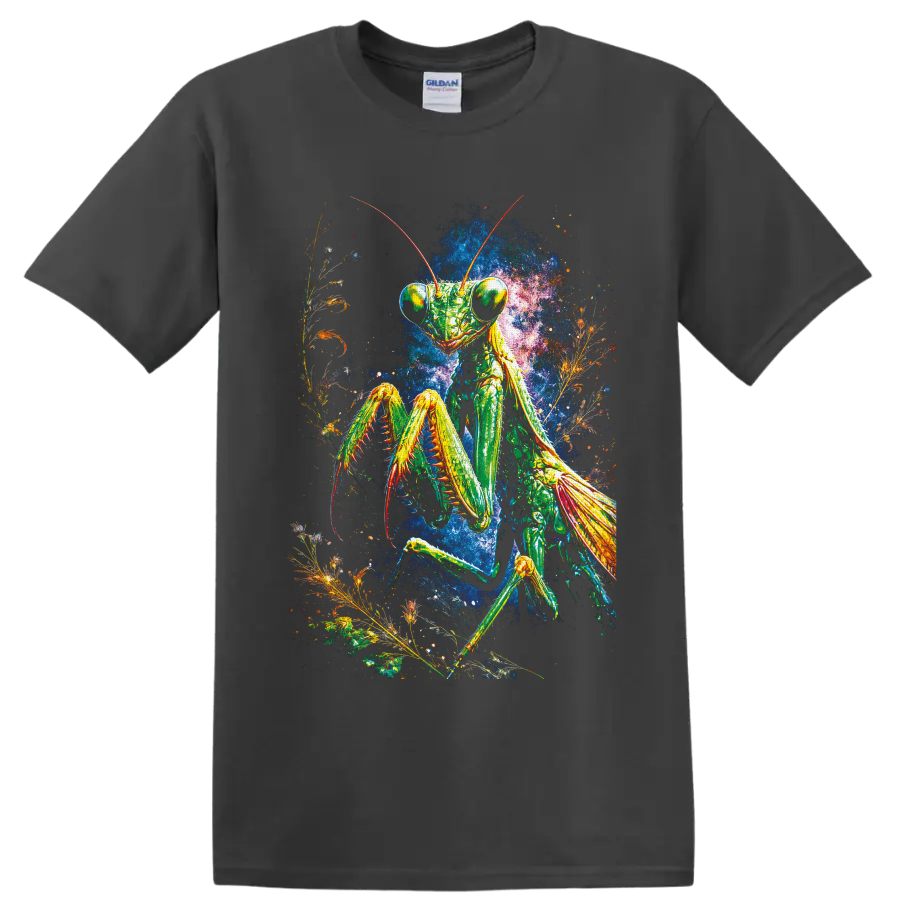 Psychedelic praying mantis with botanical fronds and a vivid cosmic background on a Charcoal T Shirt