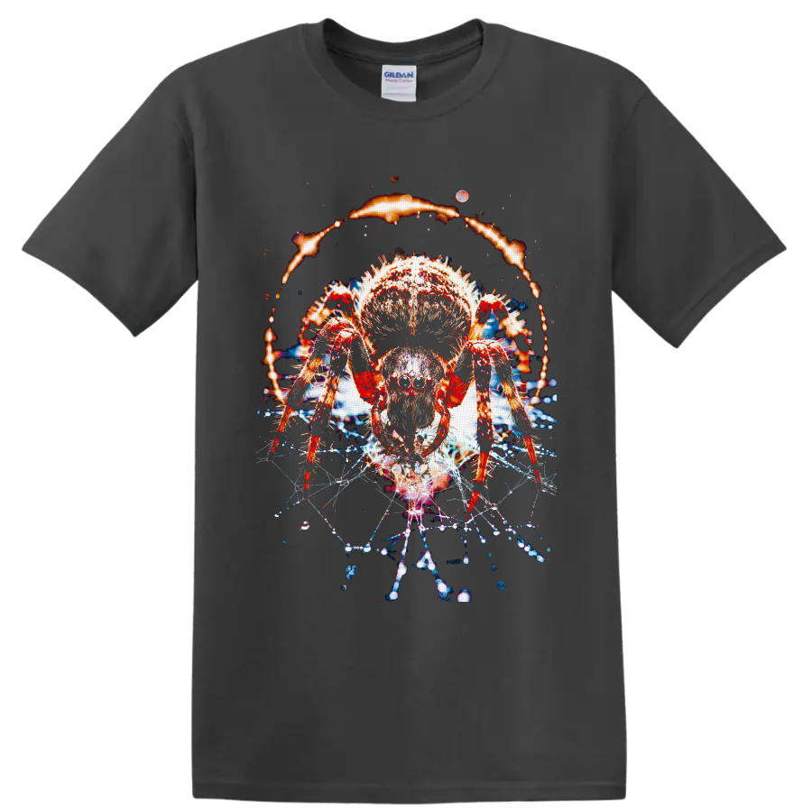 Tarantula with fiery halo, glowing web strands, and cosmic dark fantasy effects on a Charcoal T Shirt