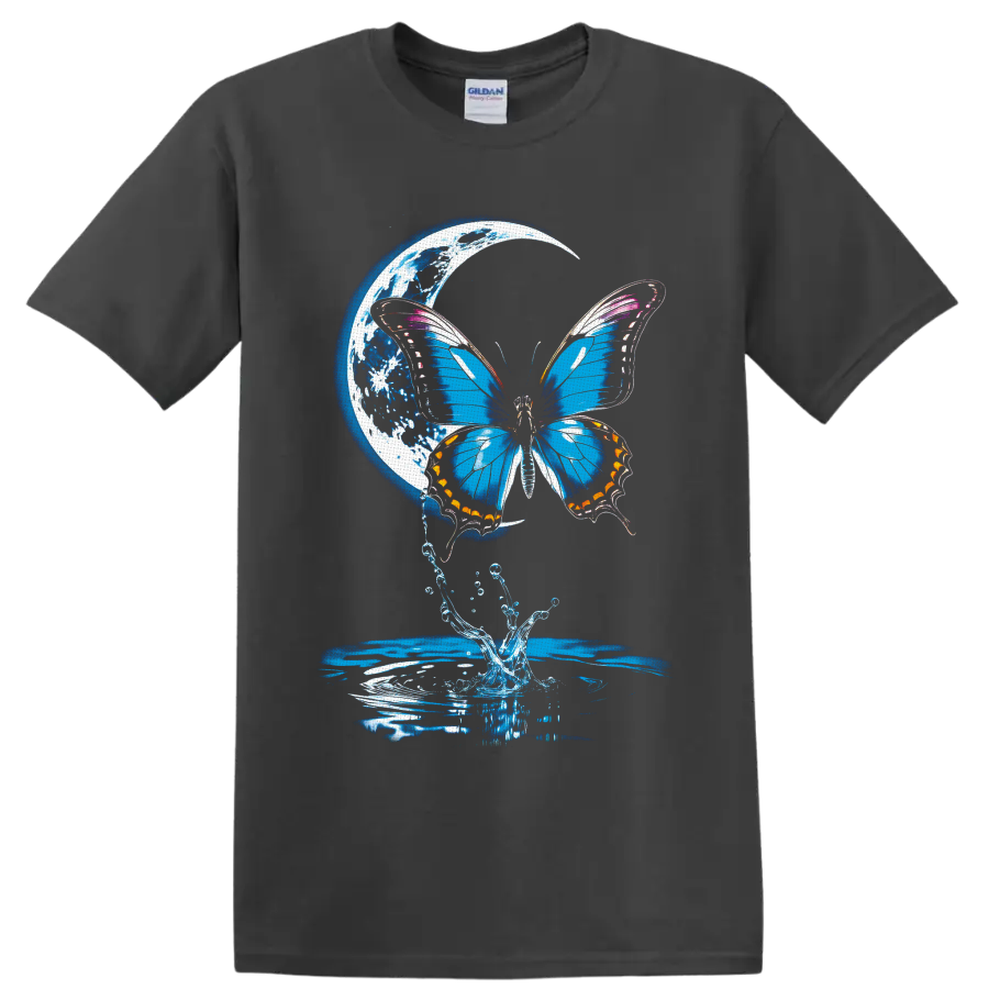 Blue butterfly with crescent moon, water splash, and rippling fantasy nature art on a Charcoal T Shirt