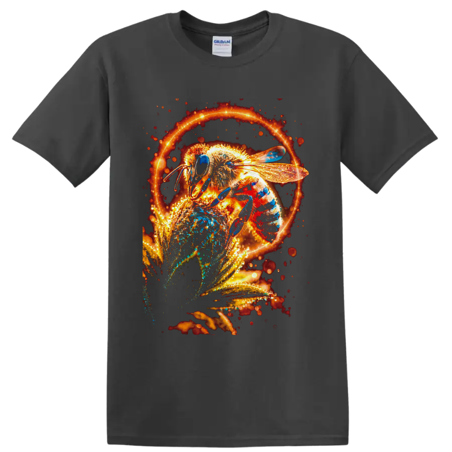 Glowing honey bee on a flower with fiery orange light ring and sparkling botanical art on a Charcoal T Shirt