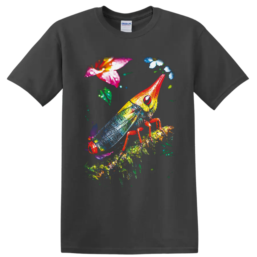 Colorful grasshopper with blue wings on a leafy branch among tropical flowers on a Charcoal T Shirt