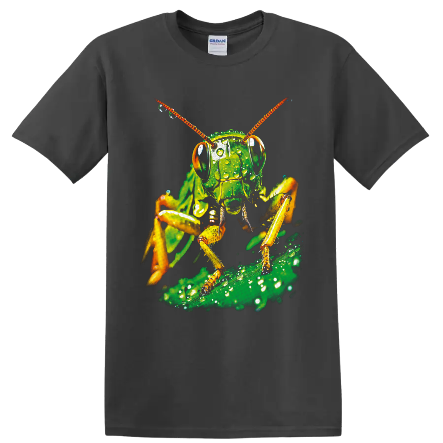 Dew-covered grasshopper macro art with orange antennae on a green leaf on a Charcoal T Shirt