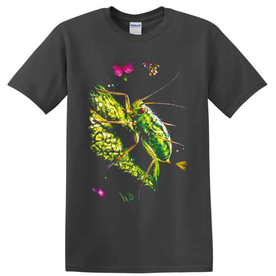 Detailed green katydid on a dew-covered leaf with small pink and purple flowers on a Charcoal T Shirt