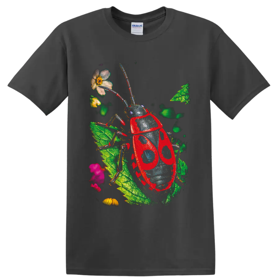 Red spotted beetle illustration with leaves, flowers, and long antennae on a Charcoal T Shirt