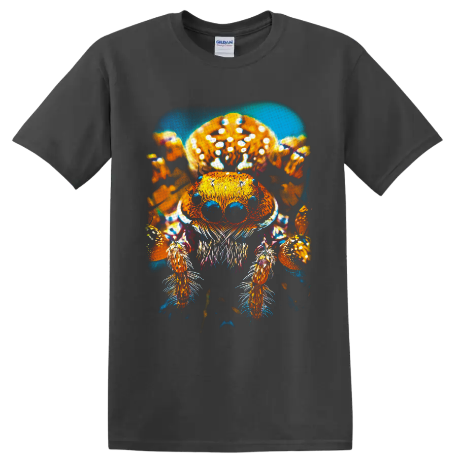 Jumping spider beneath spotted mushrooms in vivid psychedelic forest illustration on a Charcoal T Shirt