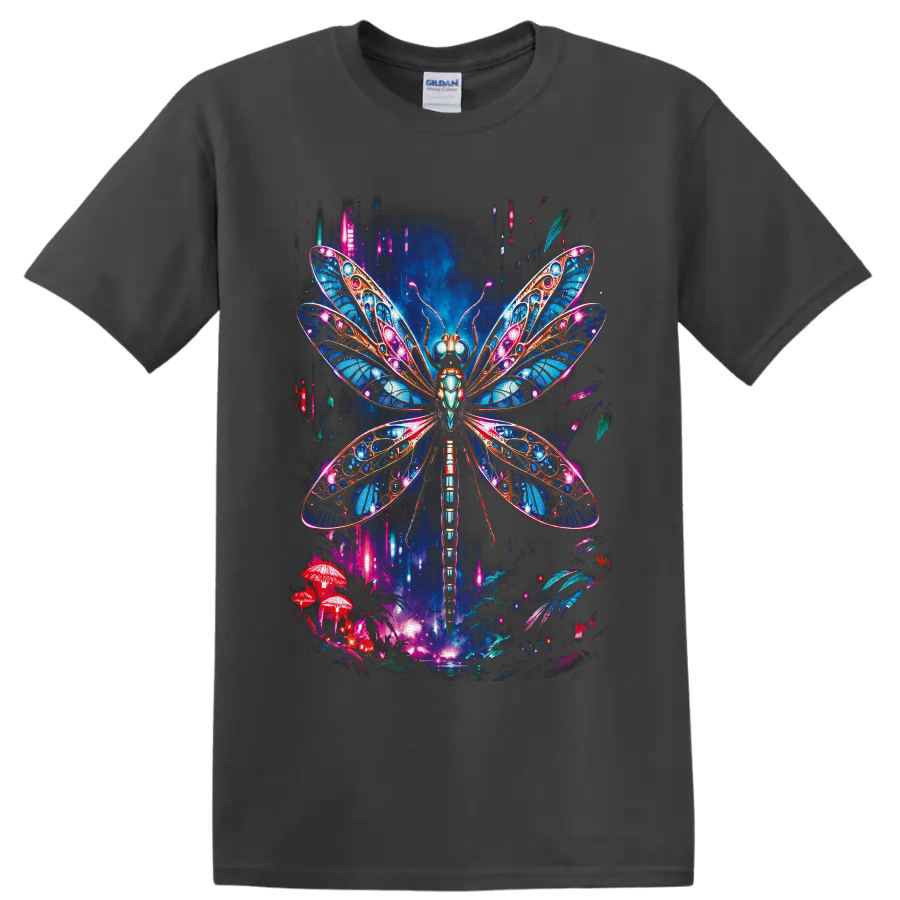 Neon fantasy dragonfly with jeweled blue wings over glowing mushrooms and woodland on a Charcoal T Shirt
