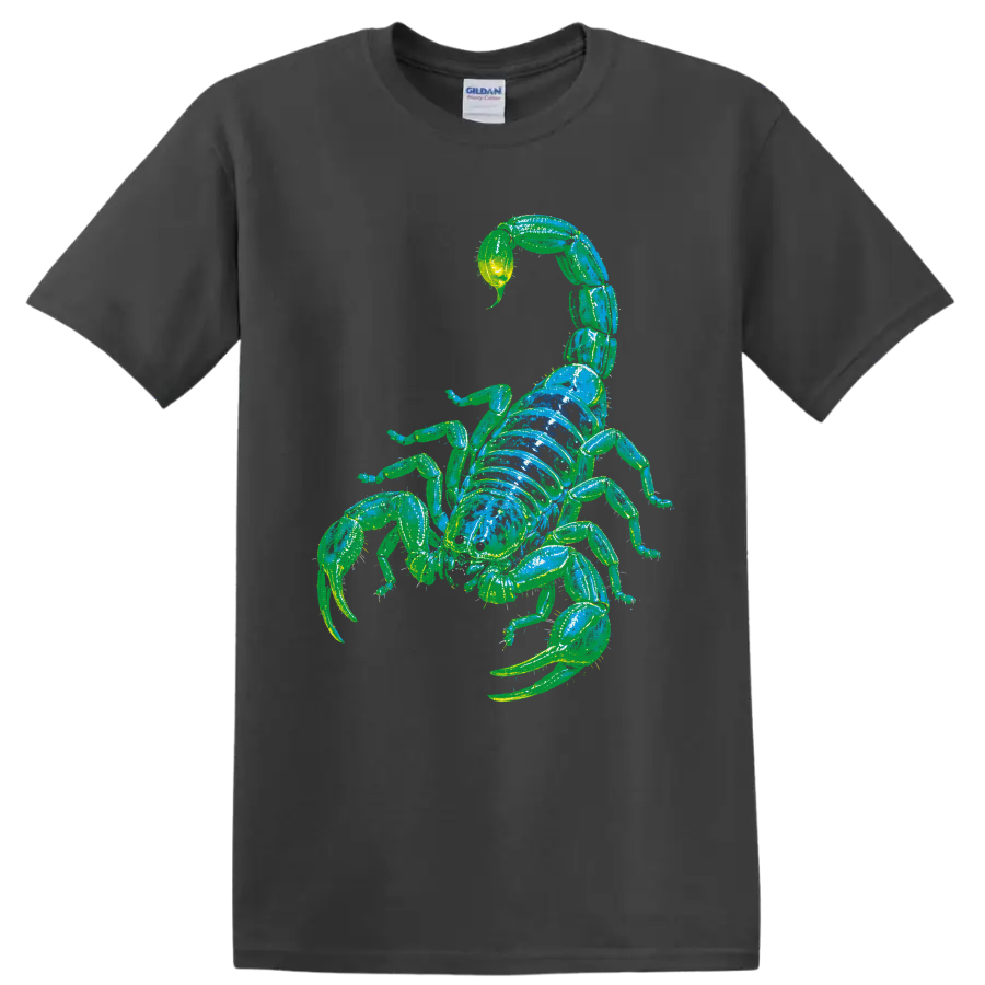 Neon green and blue scorpion arachnid graphic with curled tail and pincers on a Charcoal T Shirt