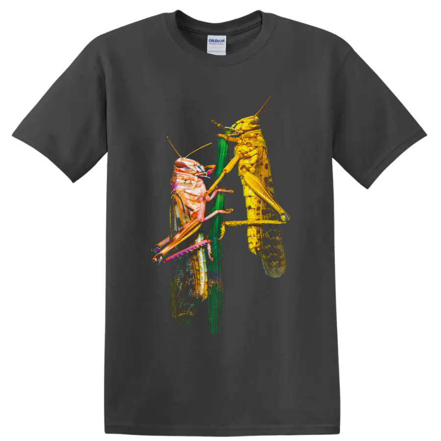 Colorful macro artwork of two grasshoppers facing each other on a green plant stem on a Charcoal T Shirt
