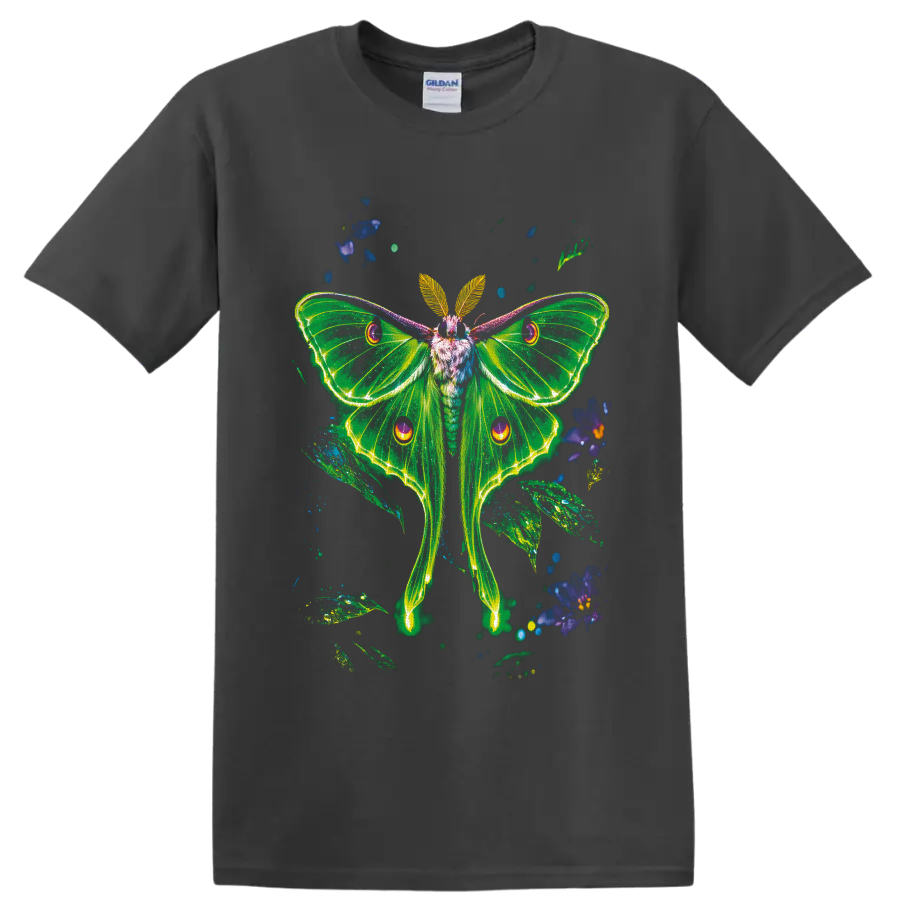 Neon green luna moth with glowing wings, blue flowers, and leafy botanical accents on a Charcoal T Shirt