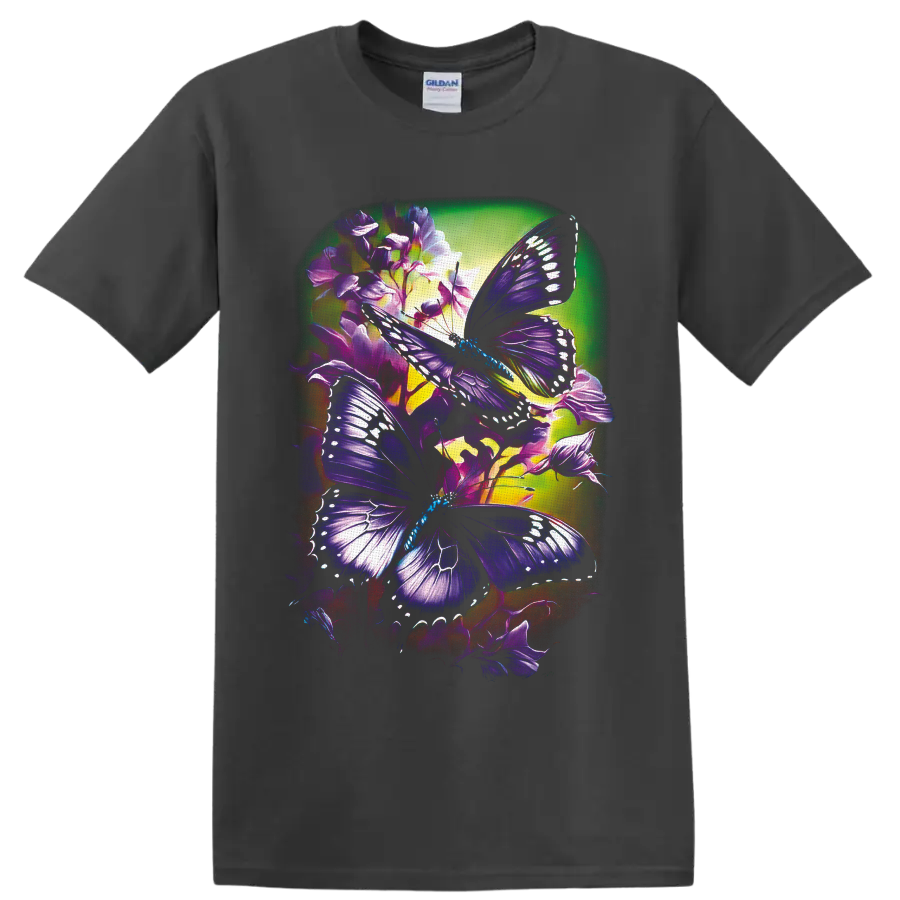 Purple butterflies with white wing markings among violet flowers in luminous garden art on a Charcoal T Shirt