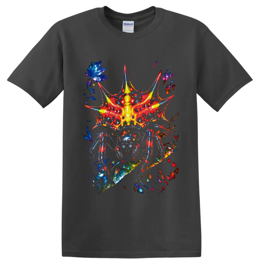 Psychedelic neon fantasy insect with red wings, blue legs, and glowing yellow body on a Charcoal T Shirt