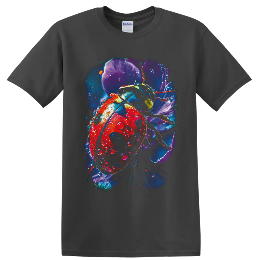 Detailed red ladybug with water droplets among glowing purple and blue flowers on a Charcoal T Shirt