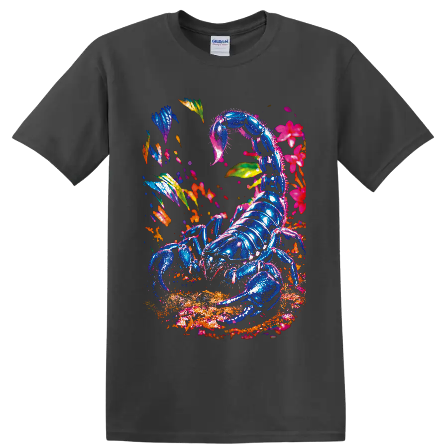 Neon blue scorpion with tropical flowers and leaves in vivid surreal botanical art on a Charcoal T Shirt