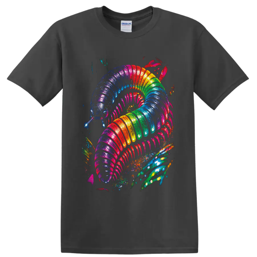 Psychedelic rainbow millipede with glossy segments, many legs, and paint splatters on a Charcoal T Shirt