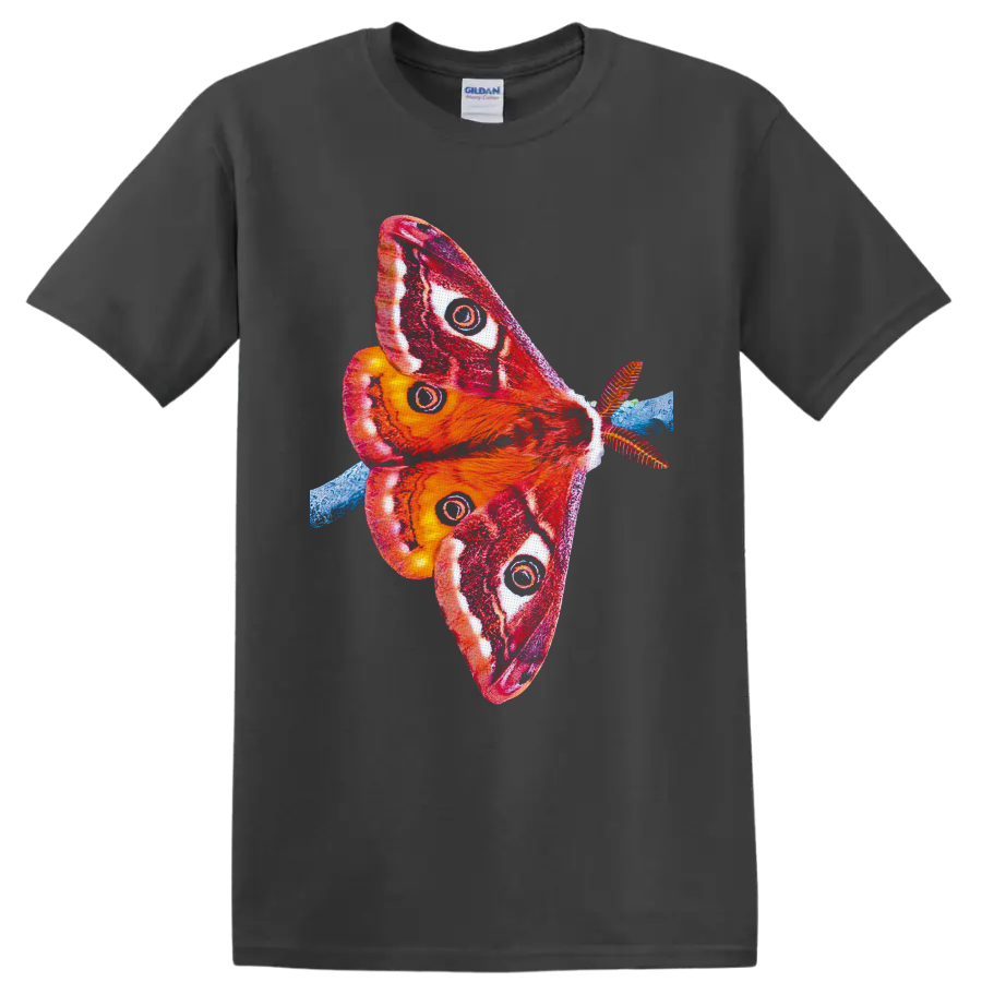 Colorful Cecropia moth illustration with red orange wings, eyespots, and blue branch on a Charcoal T Shirt