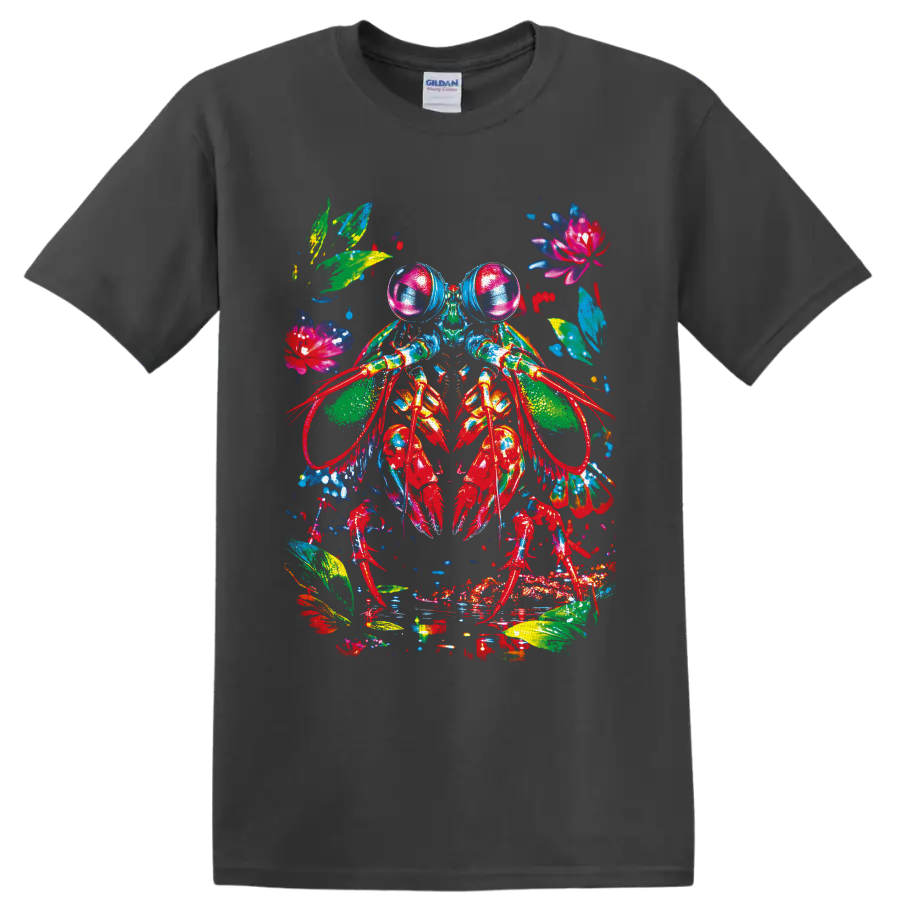 Colorful watercolor crayfish with tropical leaves, flowers, and paint splashes on a Charcoal T Shirt