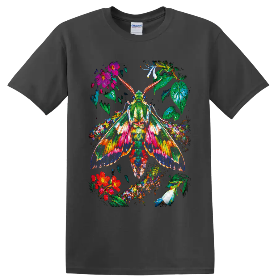Colorful botanical moth with patterned wings, tropical flowers, and lush leaves on a Charcoal T Shirt