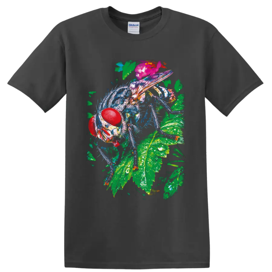 Colorful macro fly with red compound eyes and translucent wings on green leaves on a Charcoal T Shirt