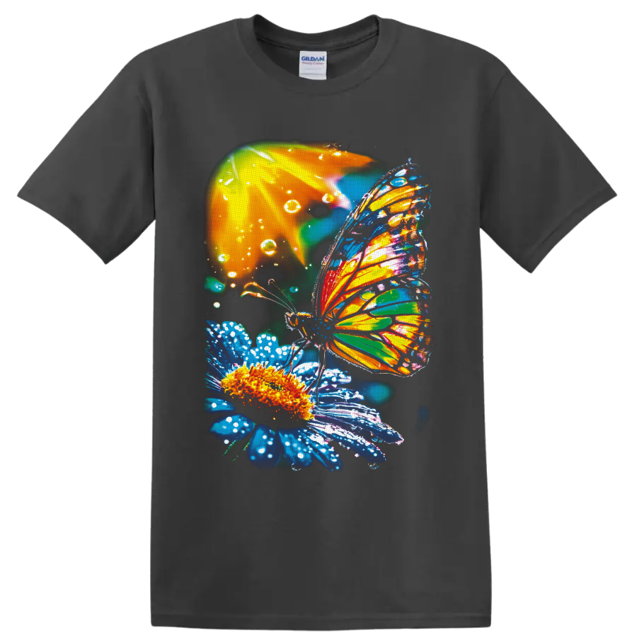 Colorful butterfly with jewel-toned wings resting on a blue flower with water droplets on a Charcoal T Shirt