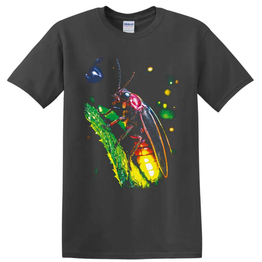 Neon-style firefly with blue wings and glowing abdomen on a green stem on a Charcoal T Shirt