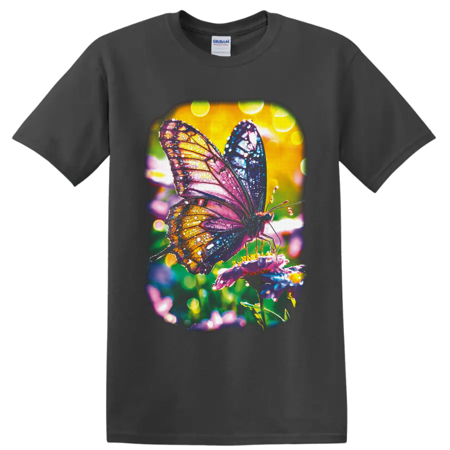 Colorful butterfly on a pink flower with jewel-tone wings and glowing garden bokeh on a Charcoal T Shirt
