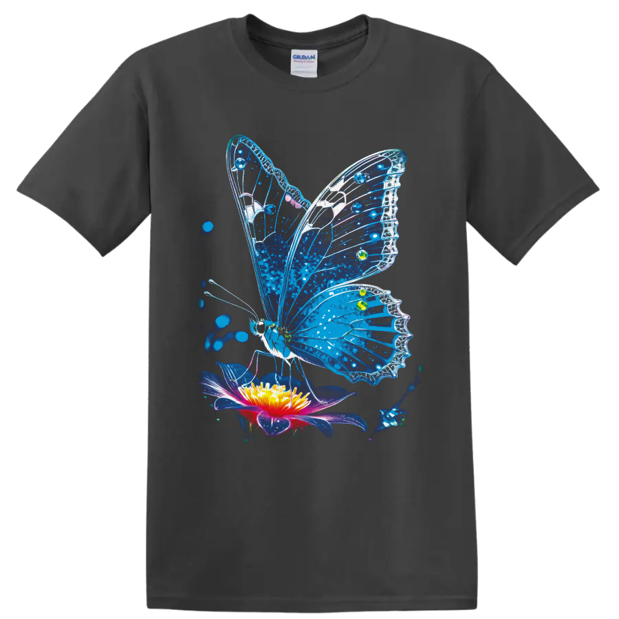 Blue stained-glass-style butterfly above a glowing flower with blue splatter accents on a Charcoal T Shirt