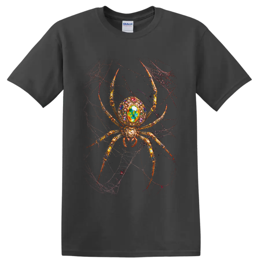 Ornate jeweled golden spider with colorful crystal body on a tangled gothic web on a Charcoal T Shirt