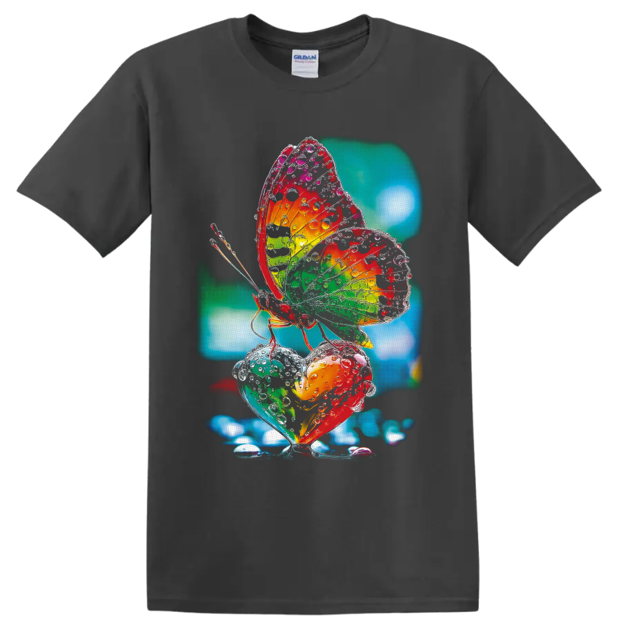 Rainbow butterfly with water droplets over heart-shaped botanical art on a Charcoal T Shirt