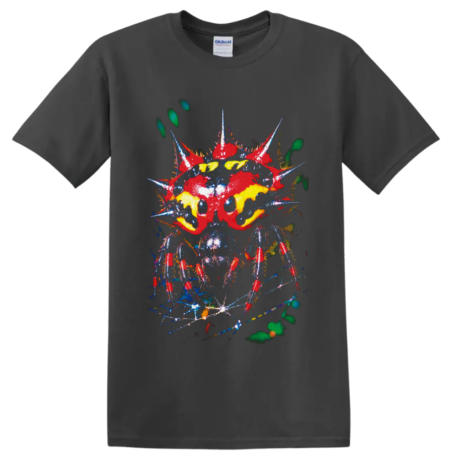 Surreal neon spiked insect with yellow eyes and distressed punk-style details on a Charcoal T Shirt