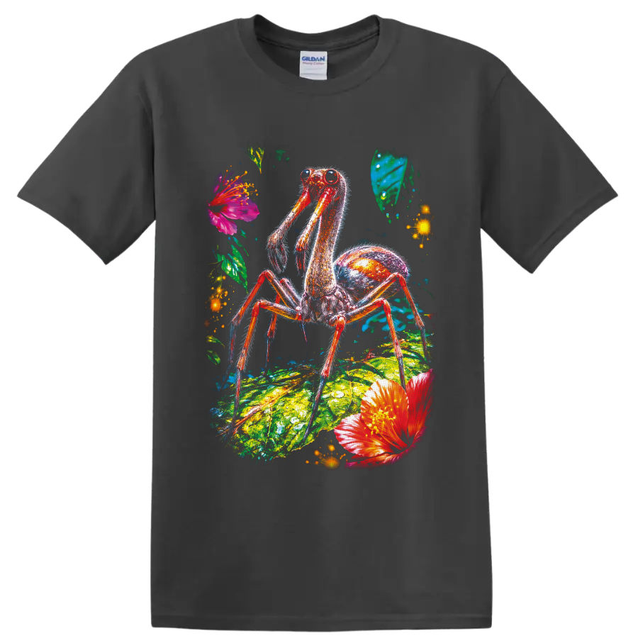 Neon camel spider arachnid on tropical leaf with vivid flowers and glowing accents on a Charcoal T Shirt