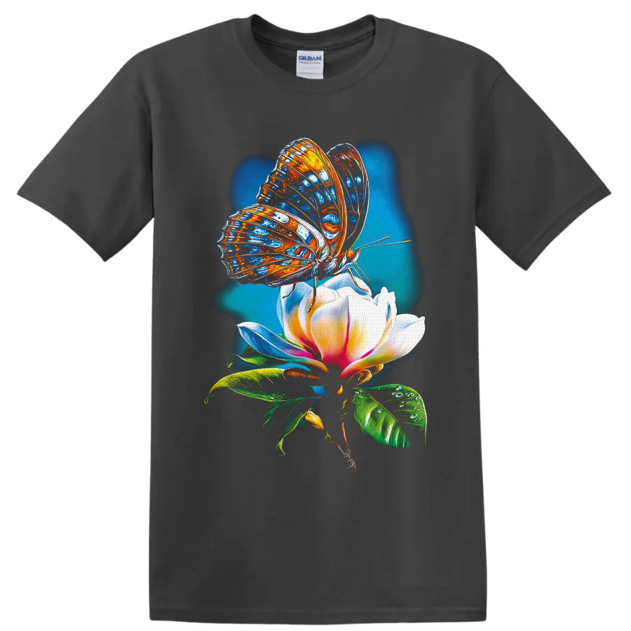 Colorful blue and orange butterfly on a white pink flower in luminous botanical art on a Charcoal T Shirt