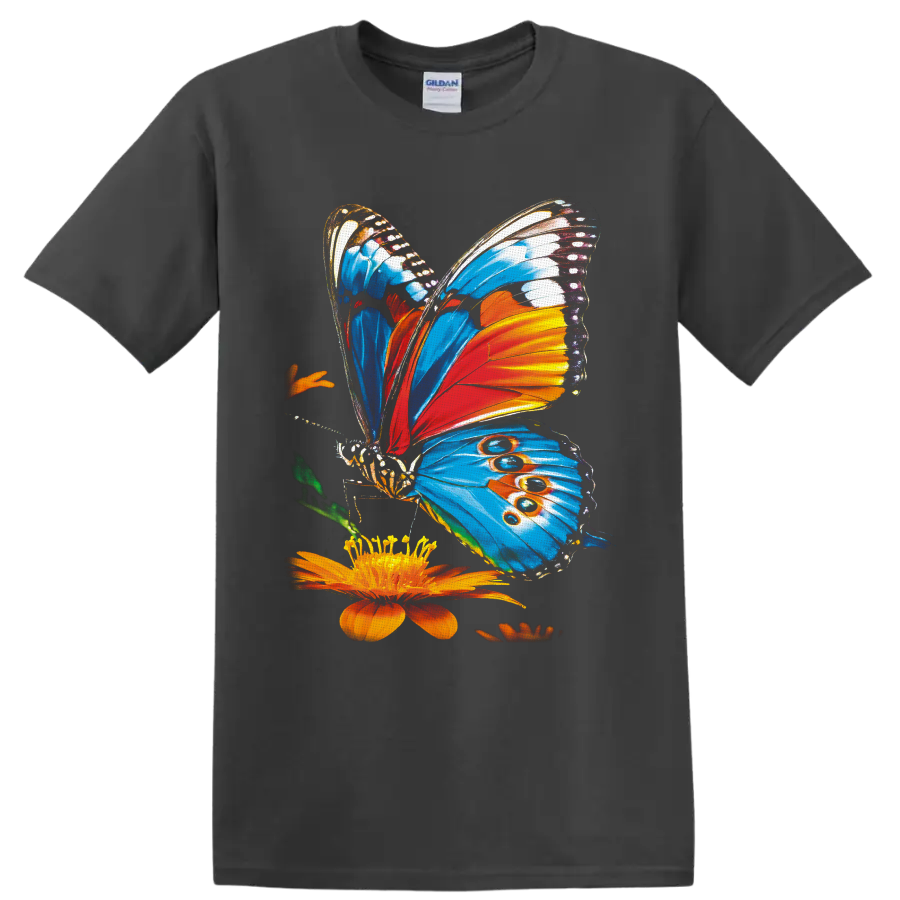 Colorful blue and orange butterfly illustration beside an orange flower on a Charcoal T Shirt