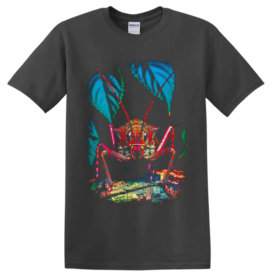 Colorful macro grasshopper illustration with red antennae, blue leaves, and textured on a Charcoal T Shirt