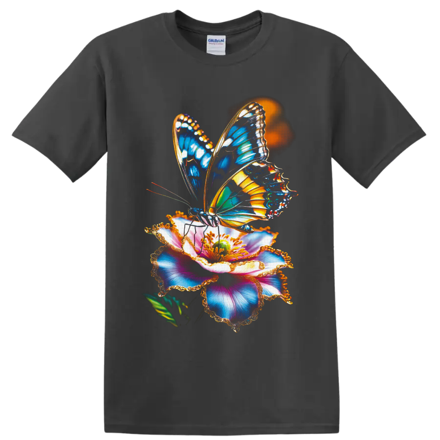 Colorful blue and orange butterfly on a multicolored flower botanical graphic on a Charcoal T Shirt
