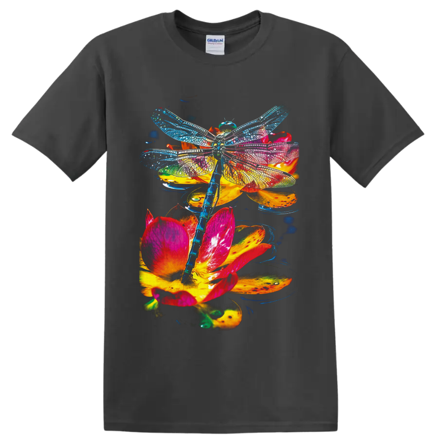 Rainbow dragonfly with detailed wings over vivid pink, orange, and yellow flowers on a Charcoal T Shirt