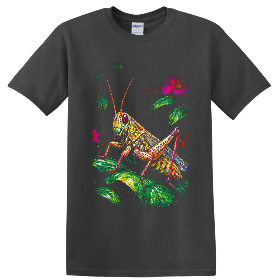 Colorful grasshopper illustration with lush leaves, red blossoms, and a pink flower on a Charcoal T Shirt