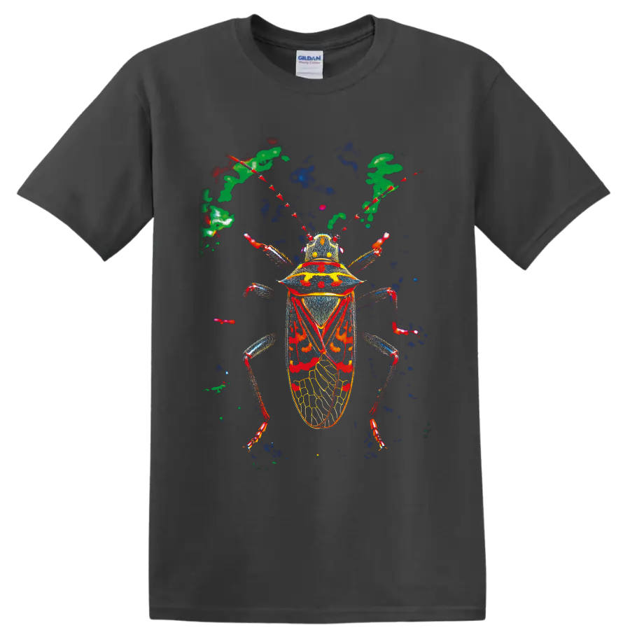 Vibrant anatomical beetle illustration with red, blue, yellow, and green details on a Charcoal T Shirt