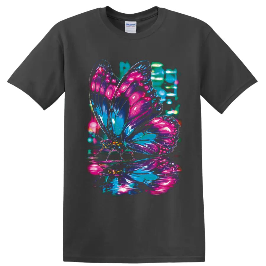 Neon butterfly with glossy pink, purple, blue, and teal cyberpunk glass wings on a Charcoal T Shirt