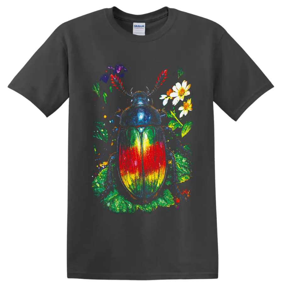 Rainbow scarab beetle with flowers and leafy botanical paint-splatter art on a Charcoal T Shirt