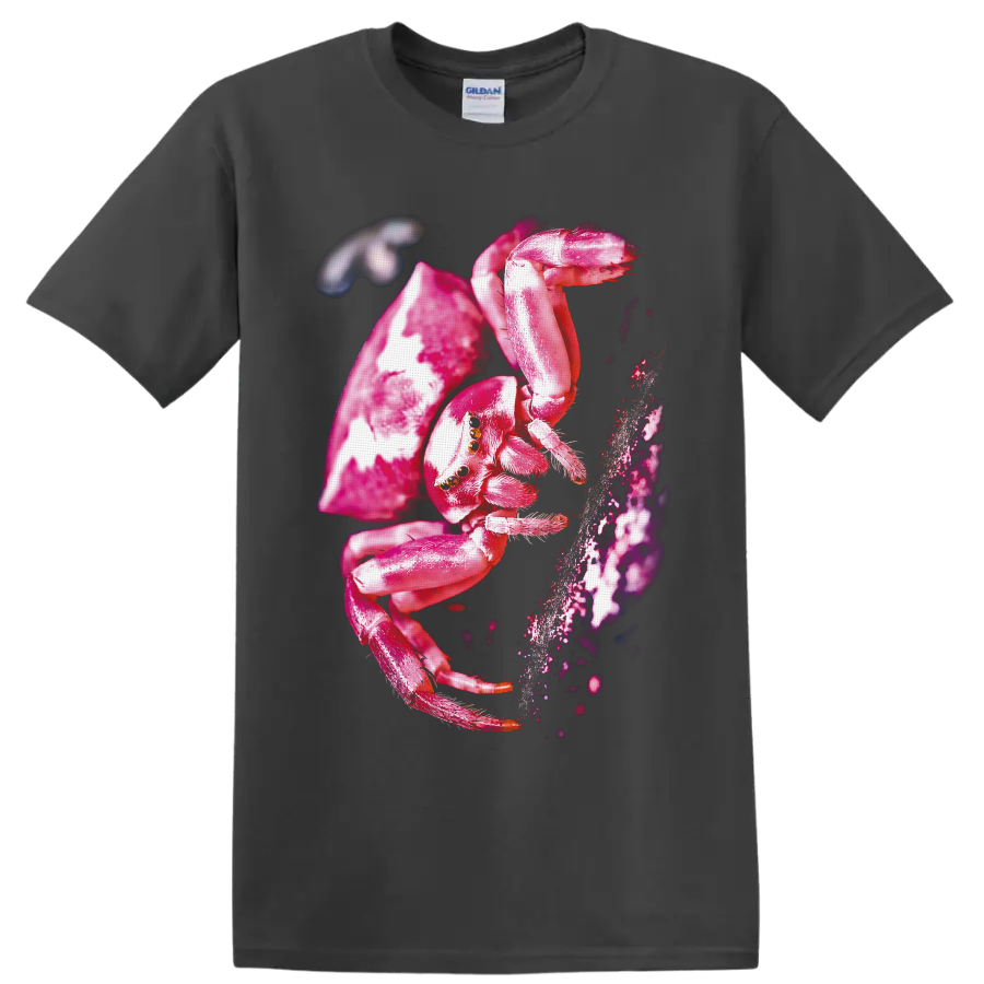 Vivid pink crab spider macro wildlife graphic beside textured bark on a Charcoal T Shirt