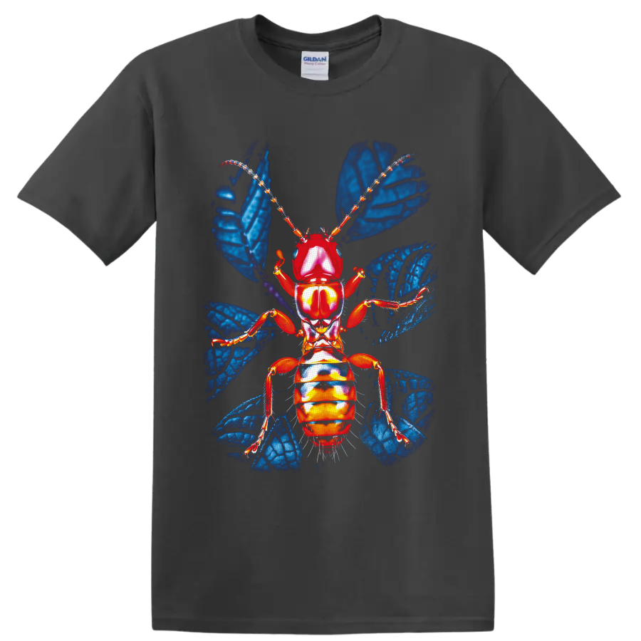 Colorful red-orange ant with blue wings in detailed insect anatomy art on a Charcoal T Shirt