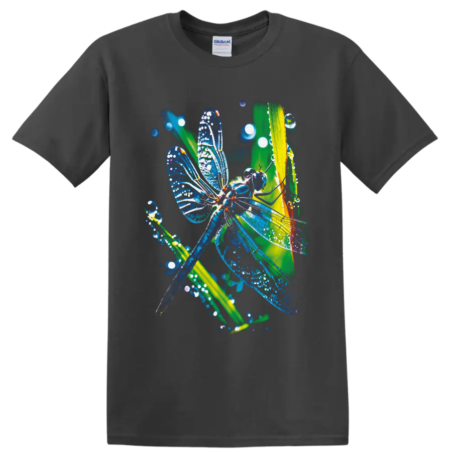Luminous blue dragonfly with sparkling wings and green stems in colorful nature art on a Charcoal T Shirt