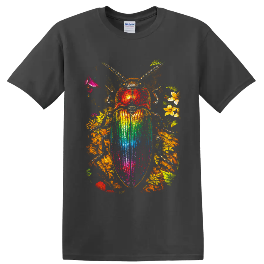 Rainbow scarab beetle with colorful wing case, flowers, leaves, and golden foliage on a Charcoal T Shirt